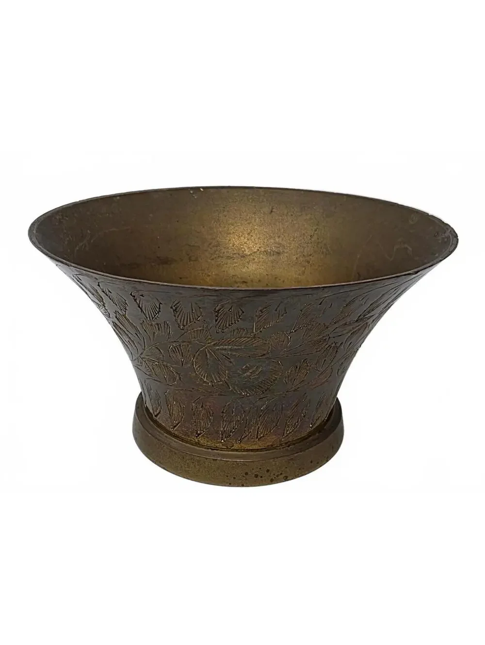 Vintage Indian Brass Pedestal Bowl Hand Engraved Floral Catchall 4.25 Inch